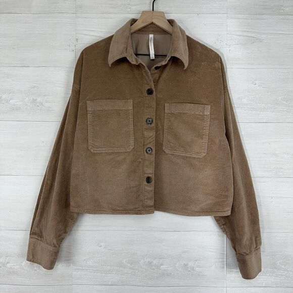 Aritzia Babaton Graydon Corduroy Shirt M Button Up Cropped Camel Tan Long Sleeve - Picture 15 of 16